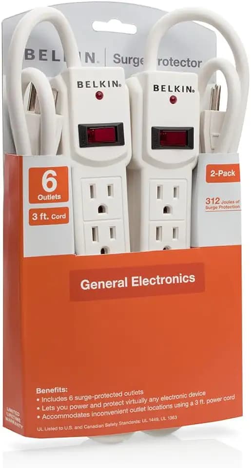 Belkin Power Strip Surge Protector - 6 AC Multiple Outlets, 2 ft Long Heavy Duty Metal Extension Cord for Home, Office, Travel, Computer Desktop & Phone Charging Brick - 200 Joules, White (2 Pack)