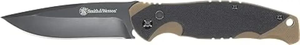 Smith & Wesson Freelancer 8in High Carbon S.S. Push Button Folding Knife with 3.2in Clip Point Blade and G10 Handle for Outdoor, Tactical, Survival and EDC,Black/Brown