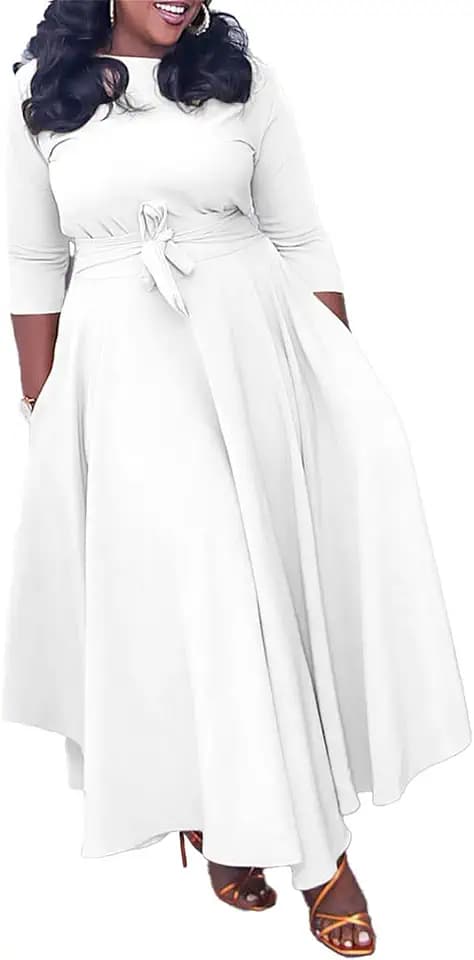 Casual Plus Size Maxi Dress for Women African Print 3/4 Sleeve Flowy Ruffle Long Dress with Belt 2025 Fashion