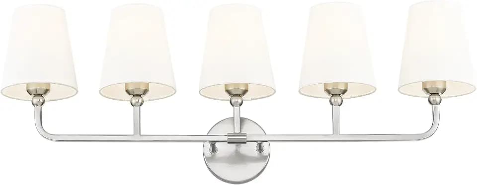 5-Light Brushed Nickel Bathroom Vanity Light, White Fabric Shades