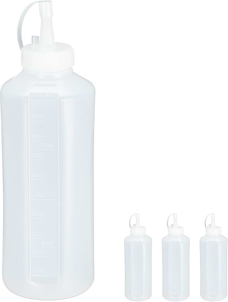 Relaxdays Quetschflasche, 4er Set, 1000 ml, für Saucen, klar | Spritzflasche zum Befüllen, Squeeze Flasche, Kunststoff