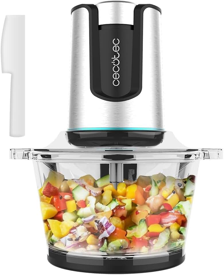 Cecotec Elektrischer Lebensmittelhacker ChopBeat 2000 Delhi Glass. 500 W, Zerkleinert, Schneidet und Hackt Fleisch, Gemüse und Eis, 4-Klingen-Edelstahlmesser, 2 Geschwindigkeiten, 500-g-Schüssel
