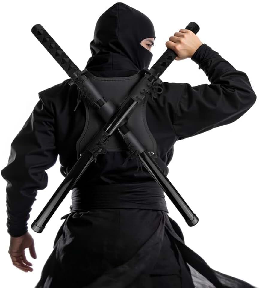 Ninja Holzschwert Set mit Rückenholster - Verstellbarer Waffenkoffer mit Zwei Katanas für Cosplay Kostüme Halloween und Karneval