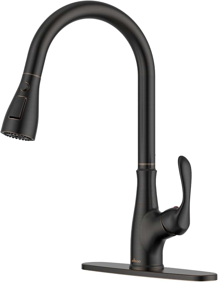 APPASO Küchenarmatur mit herausziehbarem Sprühkopf, ölgeriebener Bronze, Einhebel-Hochbogen, ausziehbarer Sprühkopf, Küchenspüle, Wasserhahn mit Deckplatte