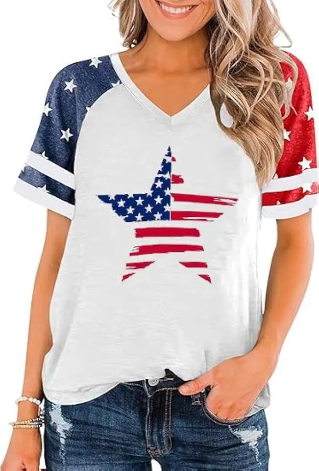 V Neck 4th of July Shirts for Women American Flag USA Graphic Patriotic T-Shirt Raglan Sleeve Tops Summer Tee