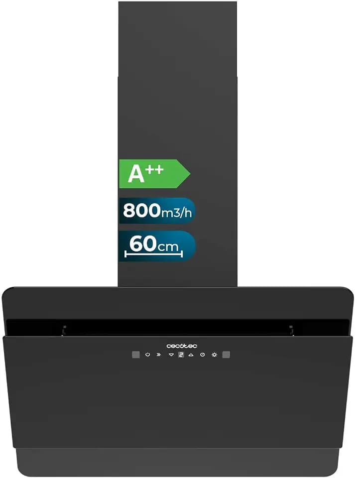 Cecotec Dunstabzugshaube Dekorativ 60 cm - Bolero Flux DT 608000 Glass Black A++. Motor 210W, niedriger Energieverbrauch, Saugkraft 800 m³/h, Touch-Control, 3 Stufen + Booster, Handbewegungssteuerung