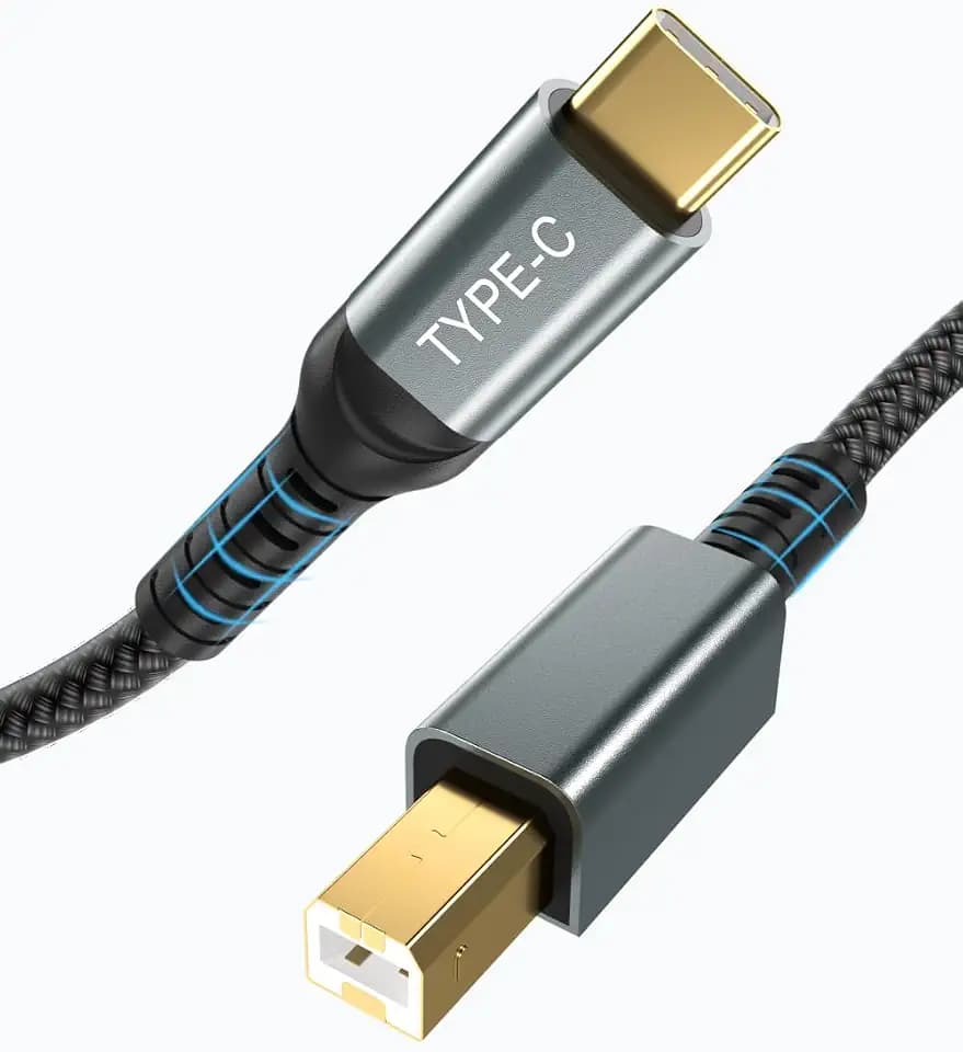 10ft Long USB C to USB B Printer Cable, Nylon Braided Type C to MIDI Cable for MacBook Pro/Air, iPad Pro, Extra Reach for Yamaha Digital Piano, DJ Controller, HP/Epson Printer (Grey)