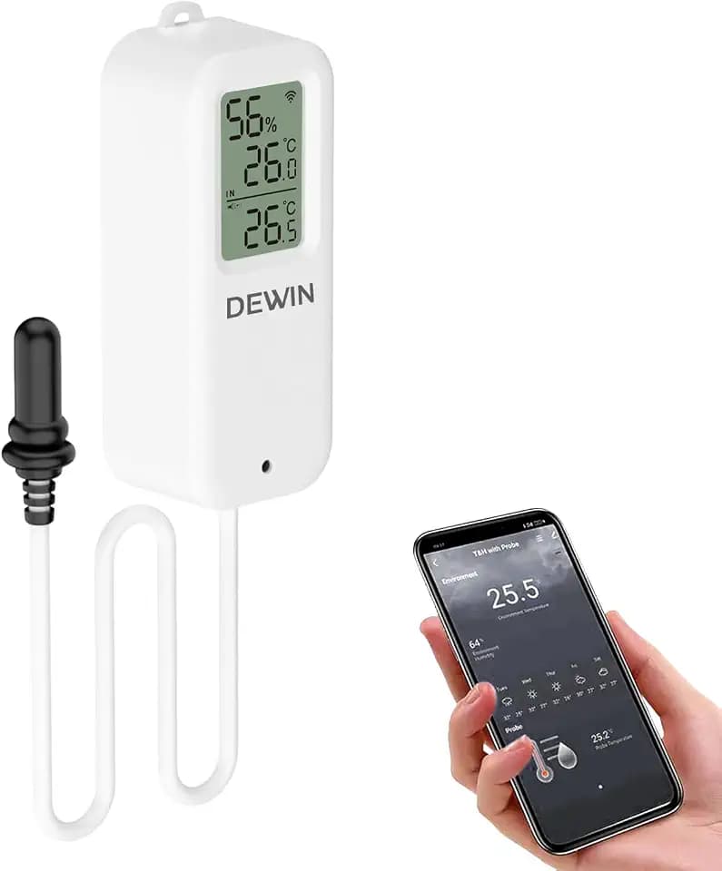 DEWIN WLAN Thermometer Hygrometer Innen Außen mit LCD-Display, Tuya WiFi Temperatursensor mit Externer Sonde für Aquarien