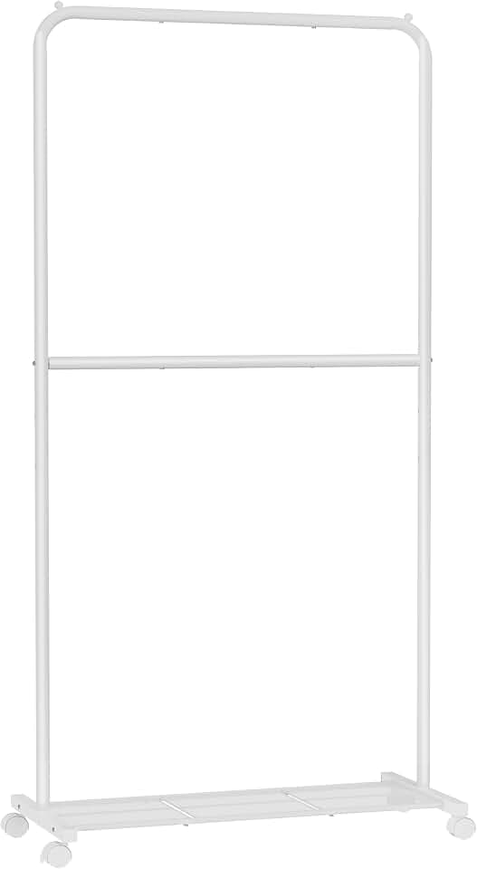 SONGMICS Kleiderständer mit Rollen, Doppelstab-Kleiderständer zum Aufhängen von Kleidung, 25,4 mm Metall-Kleiderständer mit dichtem Netz-Aufbewahrungsregal, 50 kg Tragkraft, 2 Bremsen, Weiß UHSR027W01