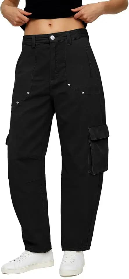 Aoysky Womens Barrel Cargo Pants High Waisted Casual Baggy Jeans Wide Leg Trendy Loose Cotton Trouser with Pockets