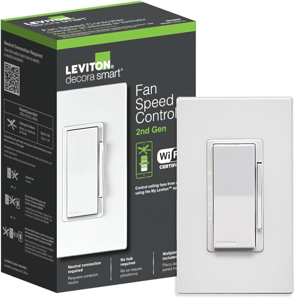 Leviton Decora Smart Fan Speed Controller, Wi-Fi 2nd Gen, D24SF-1RW, White