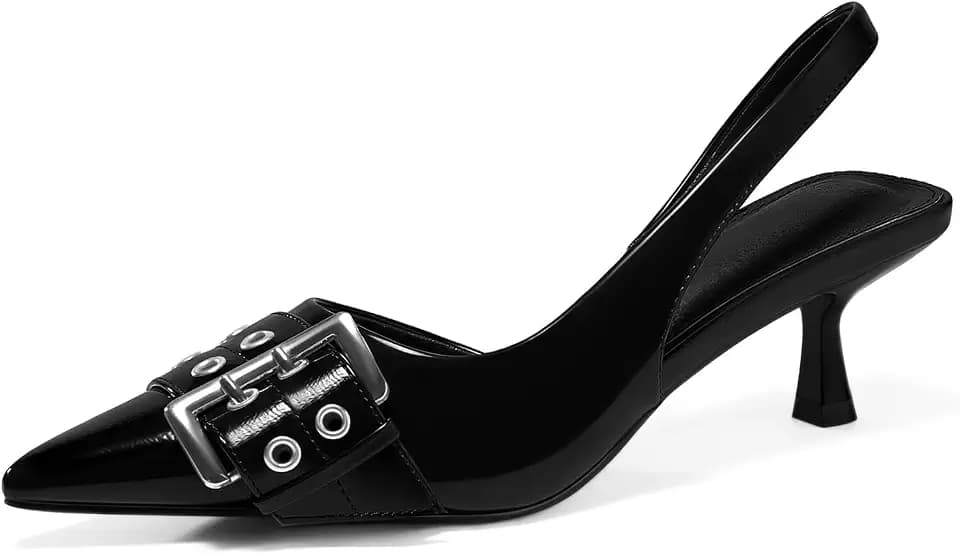 PiePieBuy Womens Slingback Kitten Low Heels Closed Pointed Toe Pumps D’Orsay Buckle Studded Dress Shoes