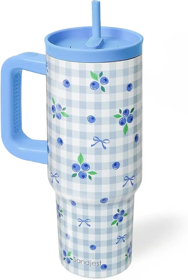 SANDJEST Blueberry Stainless Steel Locking Lid Silicone Straw Tumbler with Handle 40oz, Insulated Stainless Steel Travel Cup for Women Girls Friends, Gift Idea for Birthday Christmas
