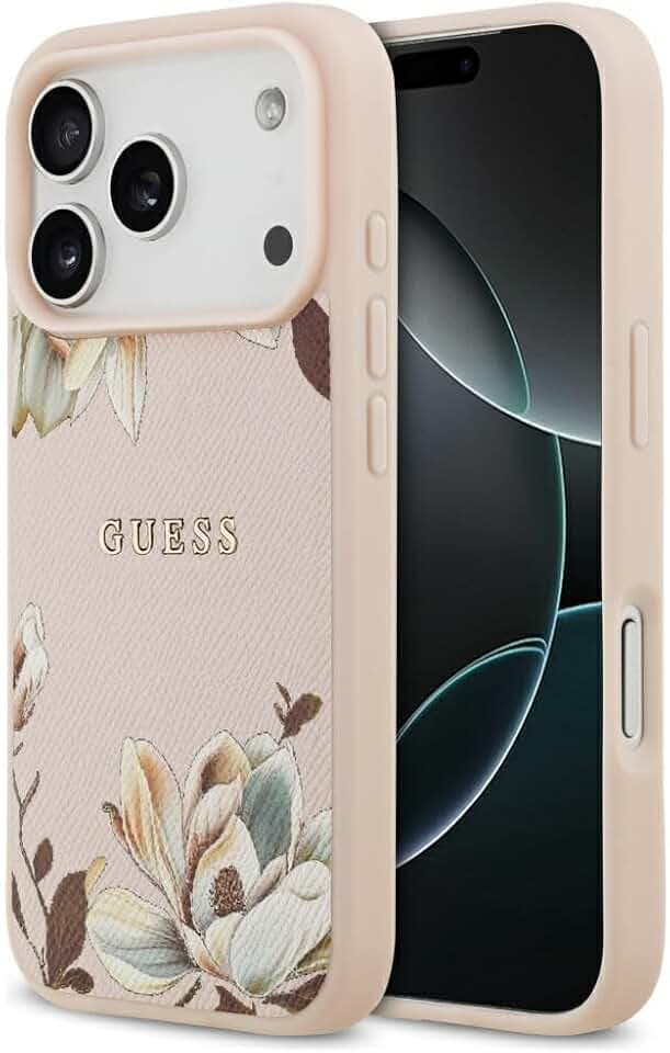 CG MOBILE Guess Grained Blumen Classic Logo kompatibel mit MagSafe Hülle für iPhone 17 Pro Max (Pink)