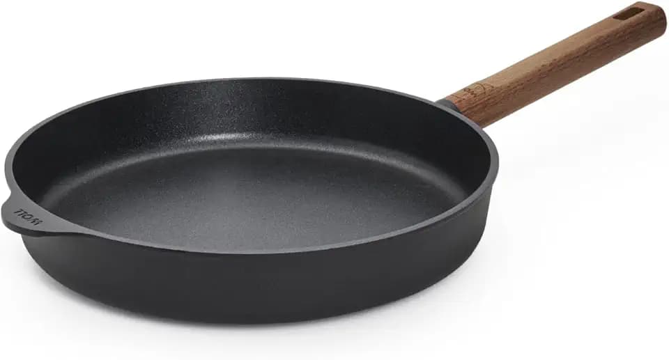 Woll Eco Logic QXR Guss-Flachpfanne - Induktiv -, Ø 28 cm, 5 cm hoch, mit festem nachhaltigem Holzstiel - Geeignet für alle Herdarten, PFAS-frei, Antihaft-Versiegelung, Aluminiumguss, backofenfest