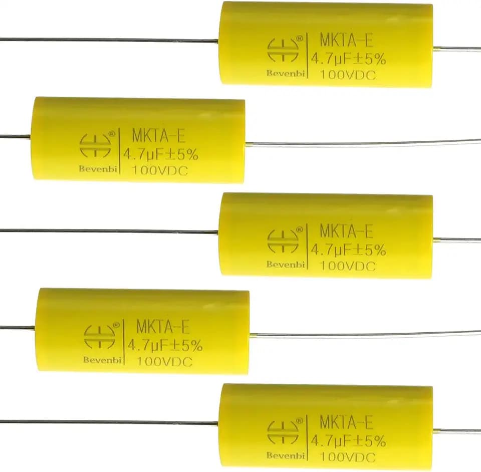 MEETOOT 5pcs Audio Frequency Divider Axial Capacitance MKTA-E 4.7J100V Polypropylene Film Capacitor for Audio Amplifier, Divider, Fan Lamp, Household Appliances, Car Speakers
