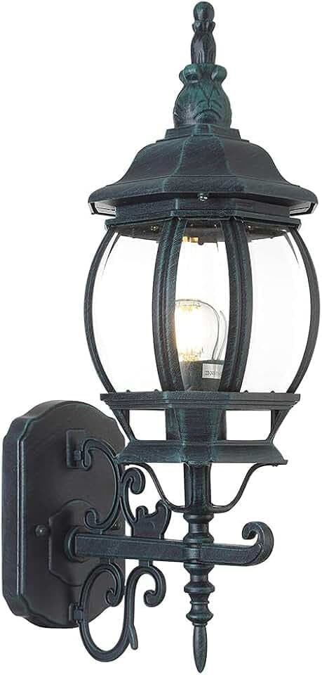 Bakaji Klassische viktorianische Gartenlaterne aus Aluminium, Lampe Laterne, Farbe Grau mit antikgrüner Bronze-Finish, IP44, E27 (1 Wandlicht oben)