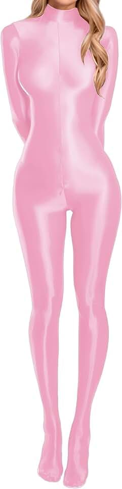 Damen-Bodysuit, ölglänzend, durchsichtig, transparent, langärmelig, Catsuit, Reißverschluss, Jumpsuits