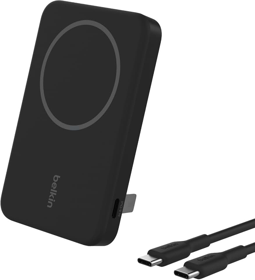 Belkin BoostCharge Pro Kabellose Powerbank 5000mAh mit Qi2, MagSafe-Kompatibles Tragbares Ladegerät mit Integriertem Ständer, für iPhone 17, iPhone Air, iPhone 16, 15, 14, Pixelsnap usw. – Schwarz