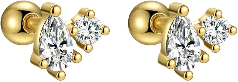 Stella Swirl 14K Gold Plated Two Stones Cluster Barbell Cartilage Piercing Earrings Pear Shape Fancy Cut Second Earlobe Hypoallergenic 925 Sterling Silver Earring Studs With Screw On Backings