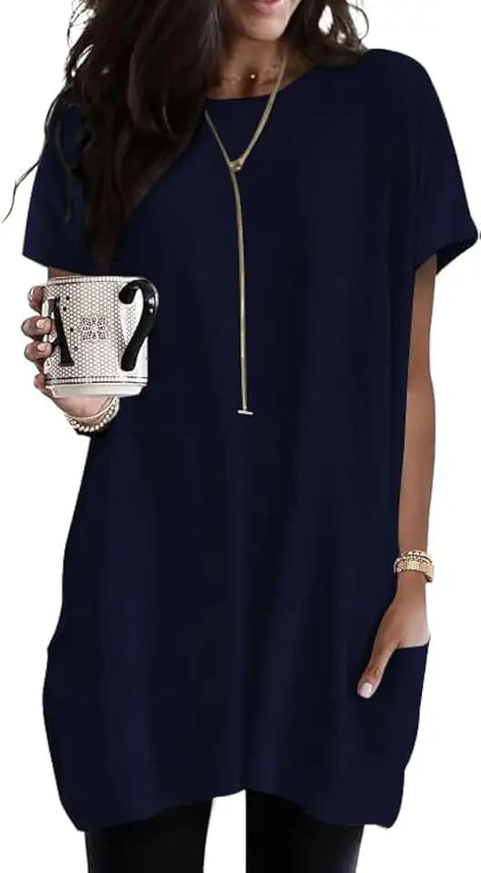 Poetsky Summer Womens Tunic Tops for Leggings with Pockets Short Sleeve Casual Long T Shirts S-3XL