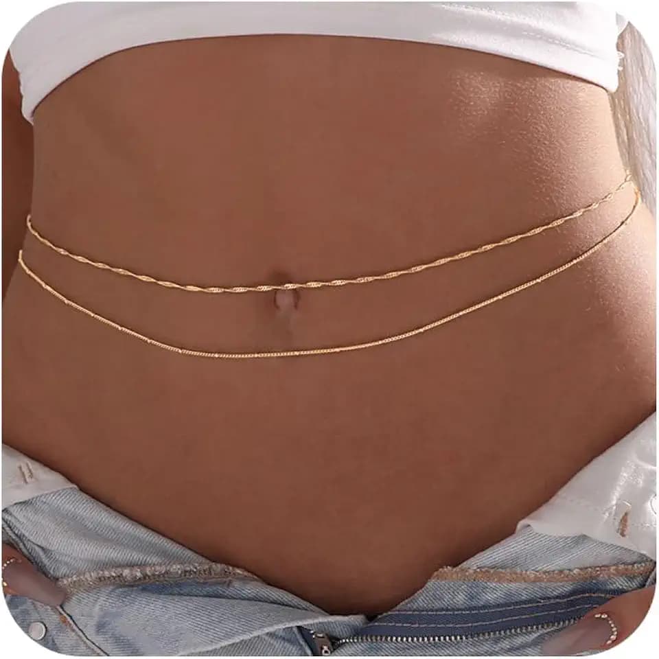 Amicon 2PCS 18K Gold Plated Waist Chain Satellite Body Chain Layered rope Waist Chains Sexy Bikini Beach Waist Chain for Women Waterproof Adjustable 26.5-33Inch