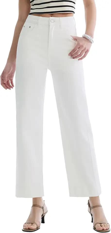 Women’s Straight Leg Jeans High Waisted Cropped Trendy Jeans Wide Leg Zipper Denim Pants