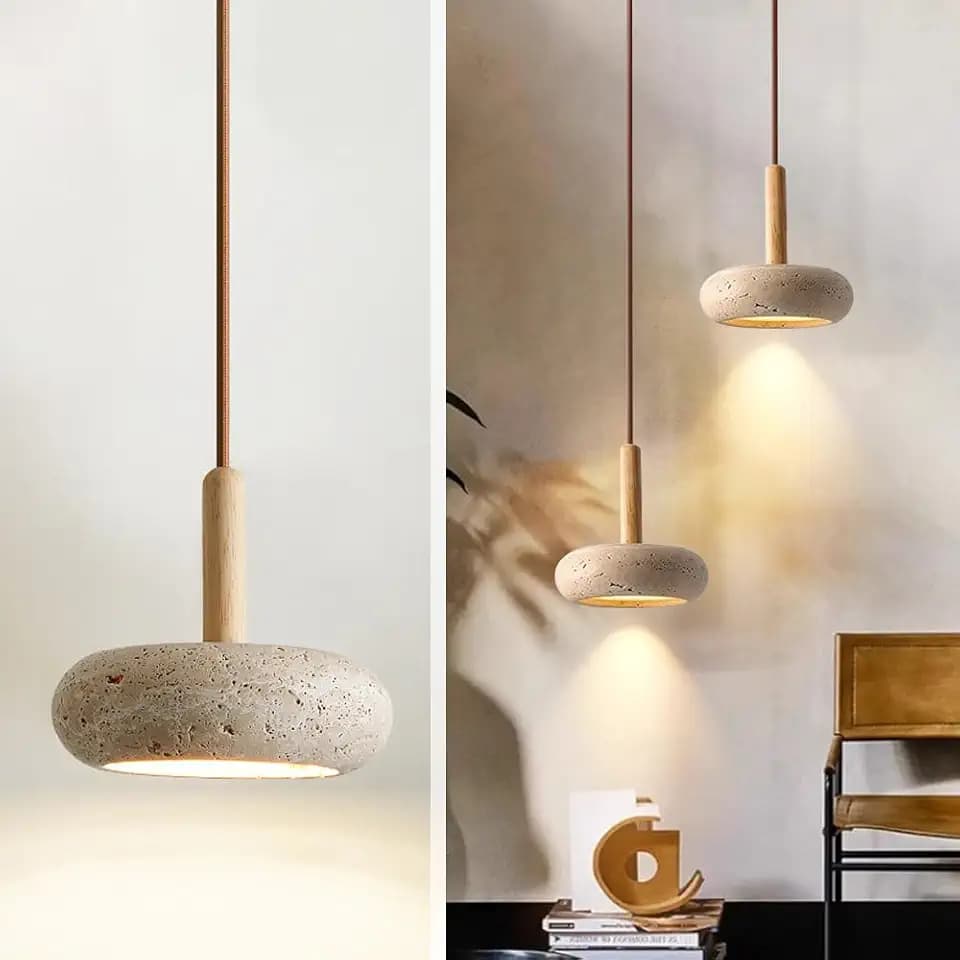 Natural Yellow Travertine Pendant Light, Wabi Sabi Pendant Light Fixture