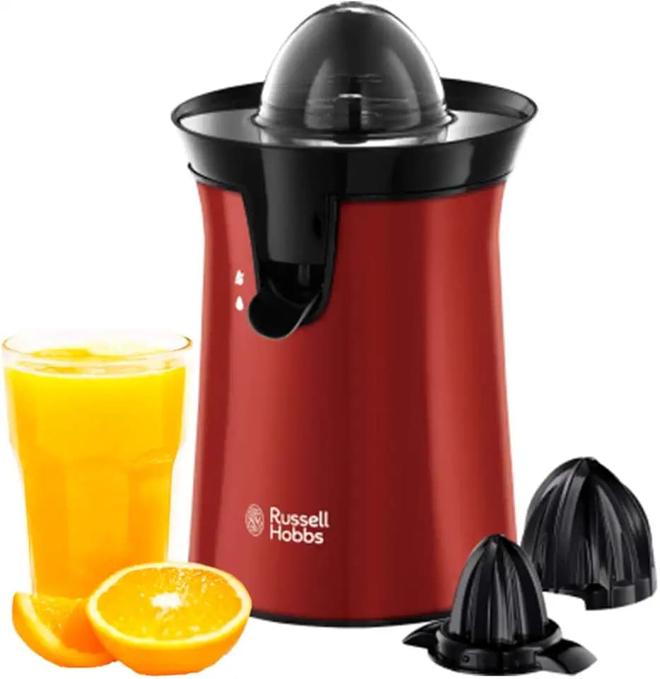 Russell Hobbs Orangenpresse & Zitruspresse elektrisch [links-& rechtsrotierend, 2 Presskegel für Zitronen/Orangen] Rot (Tropf-Stopp-Funktion, spülmaschinenfest, BPA-frei) Saftpresse 26010-56