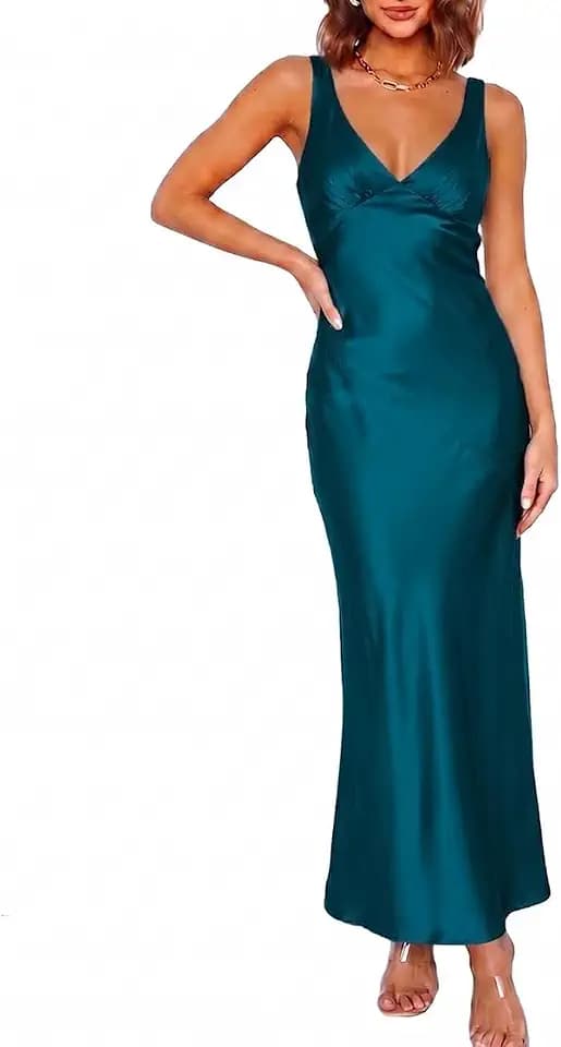 VUBIYA Women's Summer Satin V Neck Backless Maxi Dress Wedding Guest