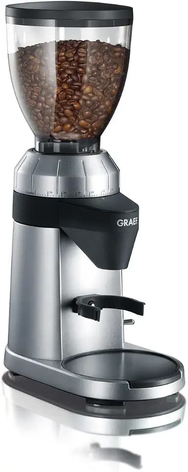 GRAEF CM800 - Elektrische Kaffeemühle, Aluminiumgehäuse, Bohnenbehälter 350 g, Edelstahl-Kegelmahlwerk, 40 Mahlgrade, Kaffeemühle Siebträger, Antistatik-Einsatz, Aluminium-Schaufelrad, 128 W, Silber