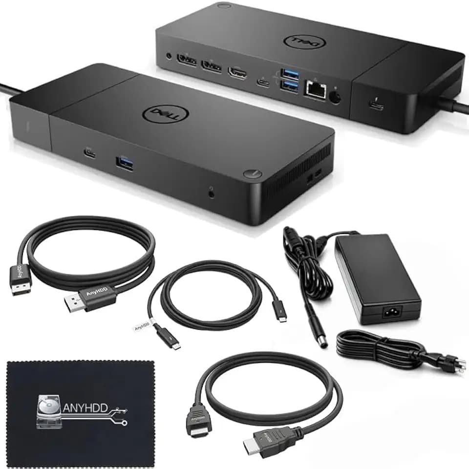 Dell WD19TB 180W Dock Bundle, 130W PD, Dual 4K + HDMI + DP + TB Cables + Cloth, Black