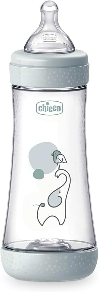 Chicco PERFECT 5 Anti-Kolik-Flasche 300 ml, Flasche mit schnellem Durchfluss für 4 Monate + mit weichem Silikonsauger, Flasche ähnlich der Mutterbrust, Anti-Kolik-Flasche für gemischte Ernährung