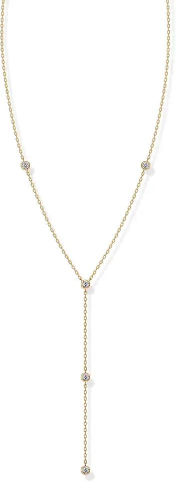 PAVOI 14K Gold Plated Drop Lariat Chain for Women - Cubic Zirconia Long Necklace - Station Star Layered Beaded Y Necklace