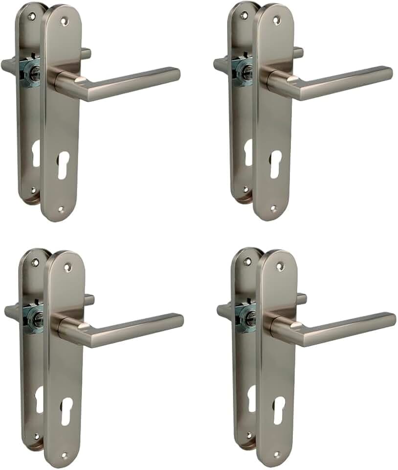 Amig Set mit 4 Türklinken mit Stahlplatte für Türen, Modell MAI PB85-240 x 45 mm, Vierkant 8 mm, elegantes und schlichtes Design, mit Schlüsselloch, Aluminium, gebürstetes Nickel