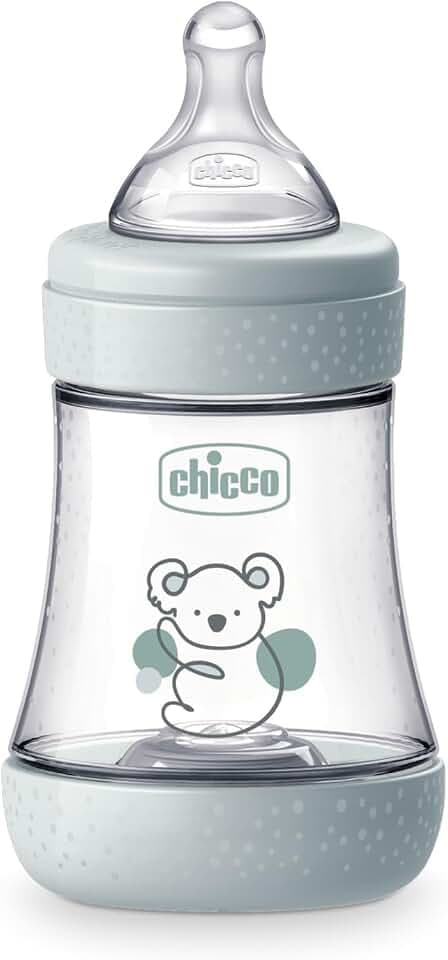 Chicco PERFECT 5 Anti-Kolik-Flasche 150 ml, Flasche mit langsamem Durchfluss für 0 Monate + mit weichem Silikonsauger, Flasche ähnlich der Mutterbrust, Anti-Kolik-Flasche für gemischte Ernährung