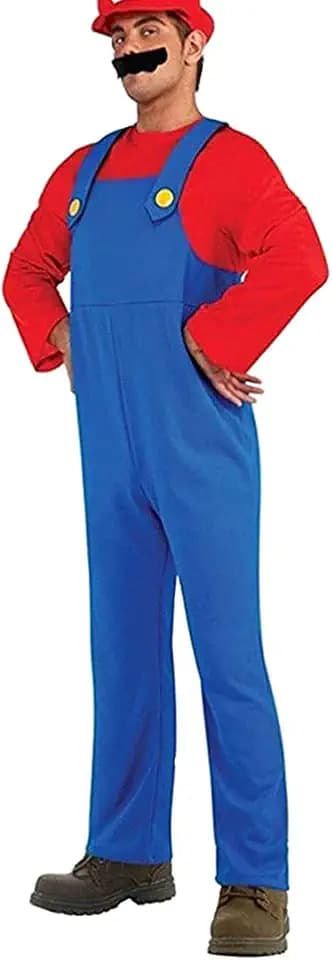 Super Brothers Klempner Kostüm mit Bodysuit, Cap und Schnurrbart - Karneval Halloween Cosplay für Herren Damen Junge Mädchen Kinder, Herren Rot, XL