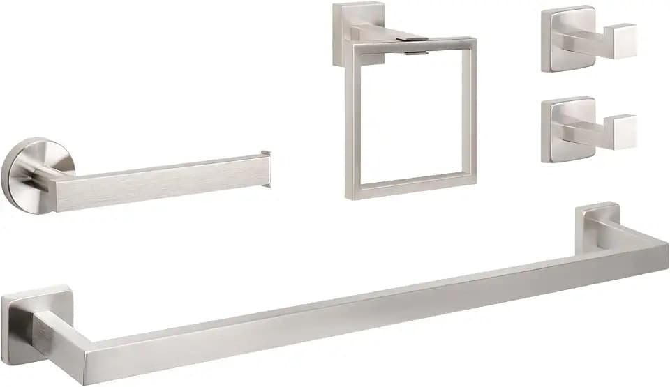 NearMoon 5 Pieces Bathroom Hardware Set 304 Stainless Steel, Square Towel Rack Kit - 24" Towel Rod + Towel Ring + Toilet Paper Holder + 2 Robe Hooks, Wall Mounted Bath Accessories (Brushed Nickel)