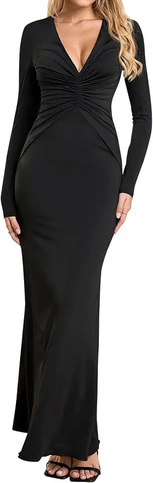 Long Sleeve V Neck Long Dress Bodycon Maxi Ruched Sexy Backless Tie Wedding Guest Formal Fall Dresses for Women
