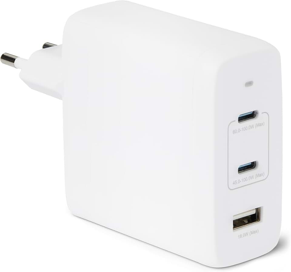 Amazon Basics USB-C-Wandladegerät mit Nano-GaN-Technologie und Schnellladefunktion, 120W, 3 Anschlüsse für Laptops, Tablets, Telefone, Weiß
