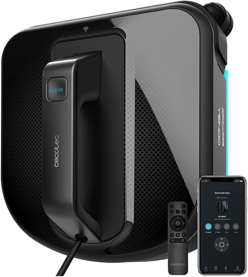 Cecotec Fensterputzroboter Conga WinDroid 990 Connected. App-Steuerung, iTech WinSquare, intelligente Navigation, quadratisches Design, vibrierender Mopp, 5 Modi, Fallschutzsystem