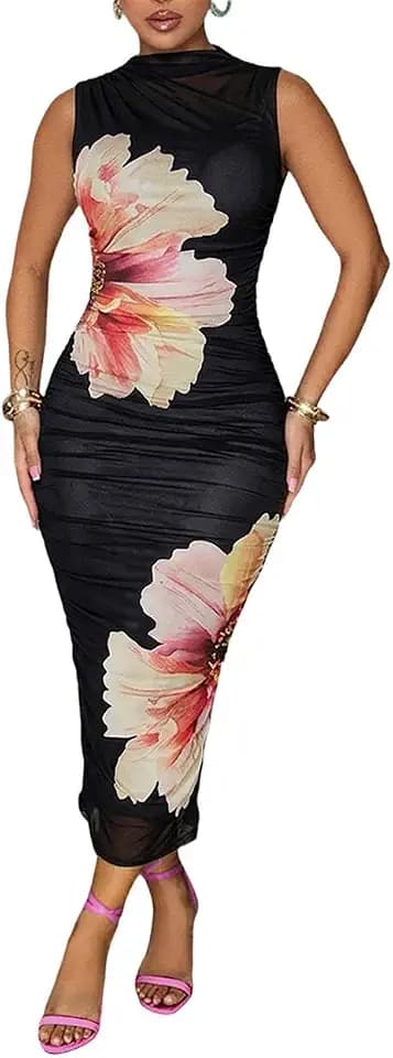 CHICME Womens Floral Mesh Summer Midi Dress