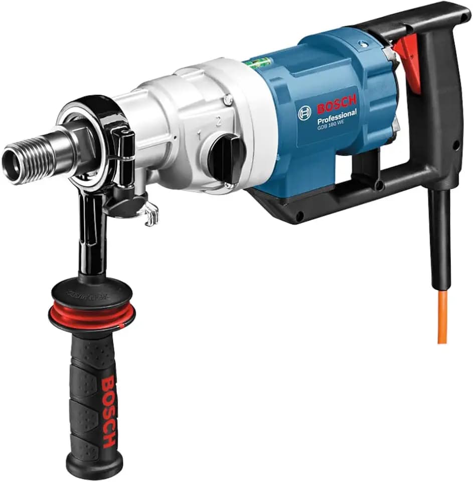Bosch Professional Nass-Diamantbohrmaschine GDB 180 WE (5,2 kg, 2.000 Watt, 230 Volt, 180 mm Bohrbereich, Adapter Staubabsaugung, Kugelhahn, im Koffer), schwarz, blau, weiß, Corded Electric