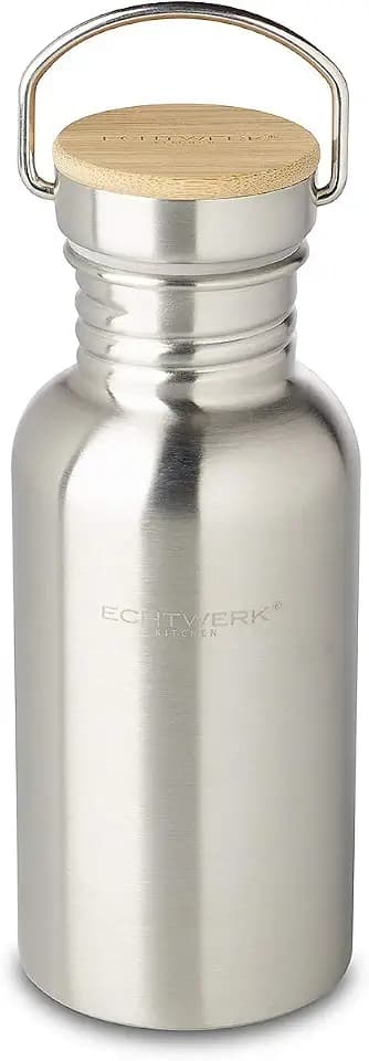 ECHTWERK Praktische Trinkflasche, Wasserflasche, Sportflasche, aus hochwertigem Edelstahl, mit Bambusdeckel, für Outdoor-Aktivitäten, Tragegriff, BPA-frei, auslaufsicher, 500 ml