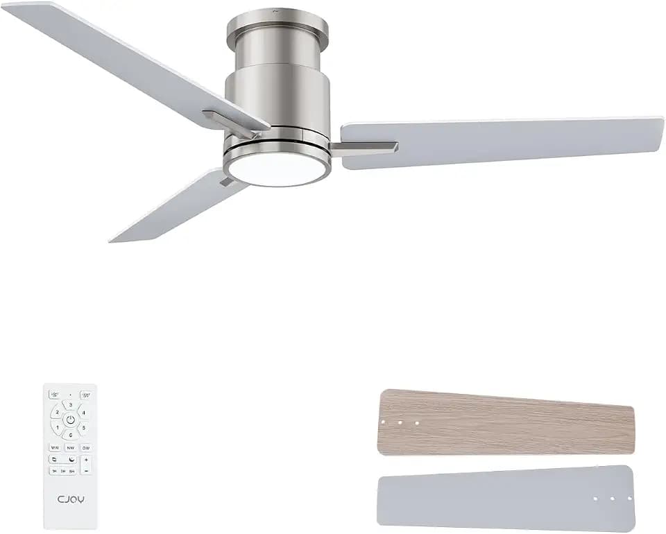 CJOY 52IN Flush Mount Ceiling Fan W/Light & Remote, Brushed Nickel DC Motor