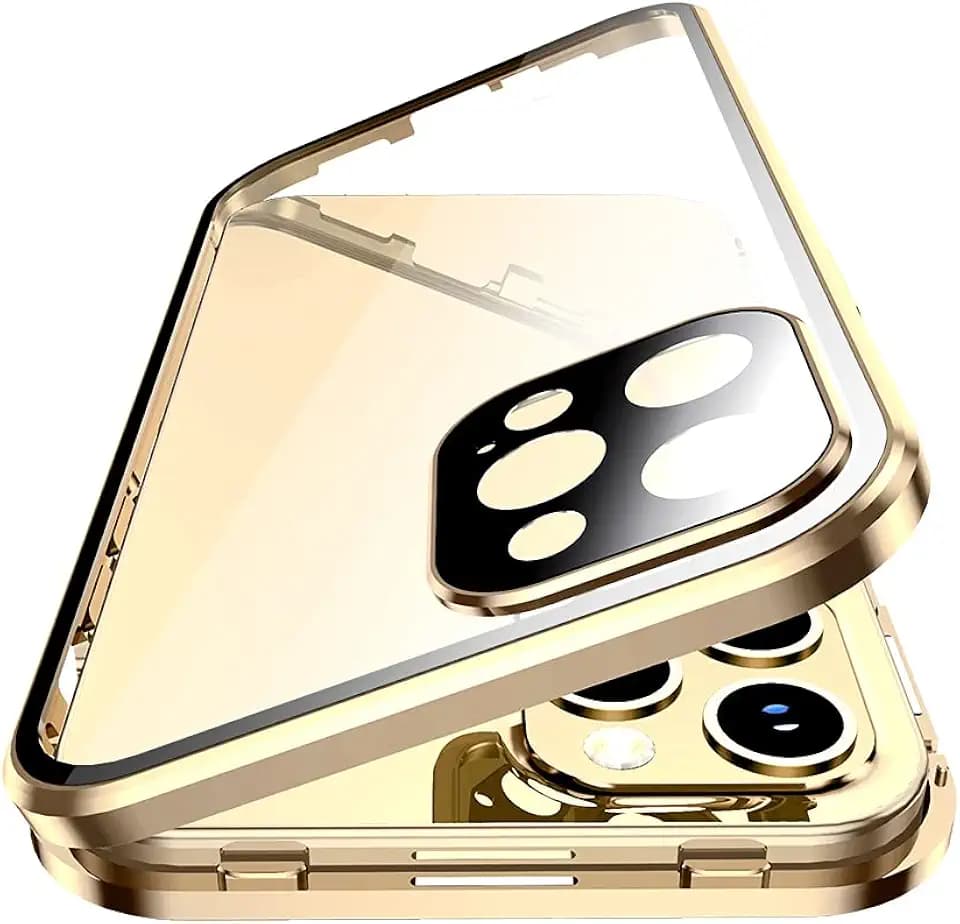Lockable Case Compatible with iPhone 15 Plus Magnetic Glass Case with Camera Lens Protector Screen Protector Safety Lock 360 Full Body Glass Clear Bumper Cover (Gold)