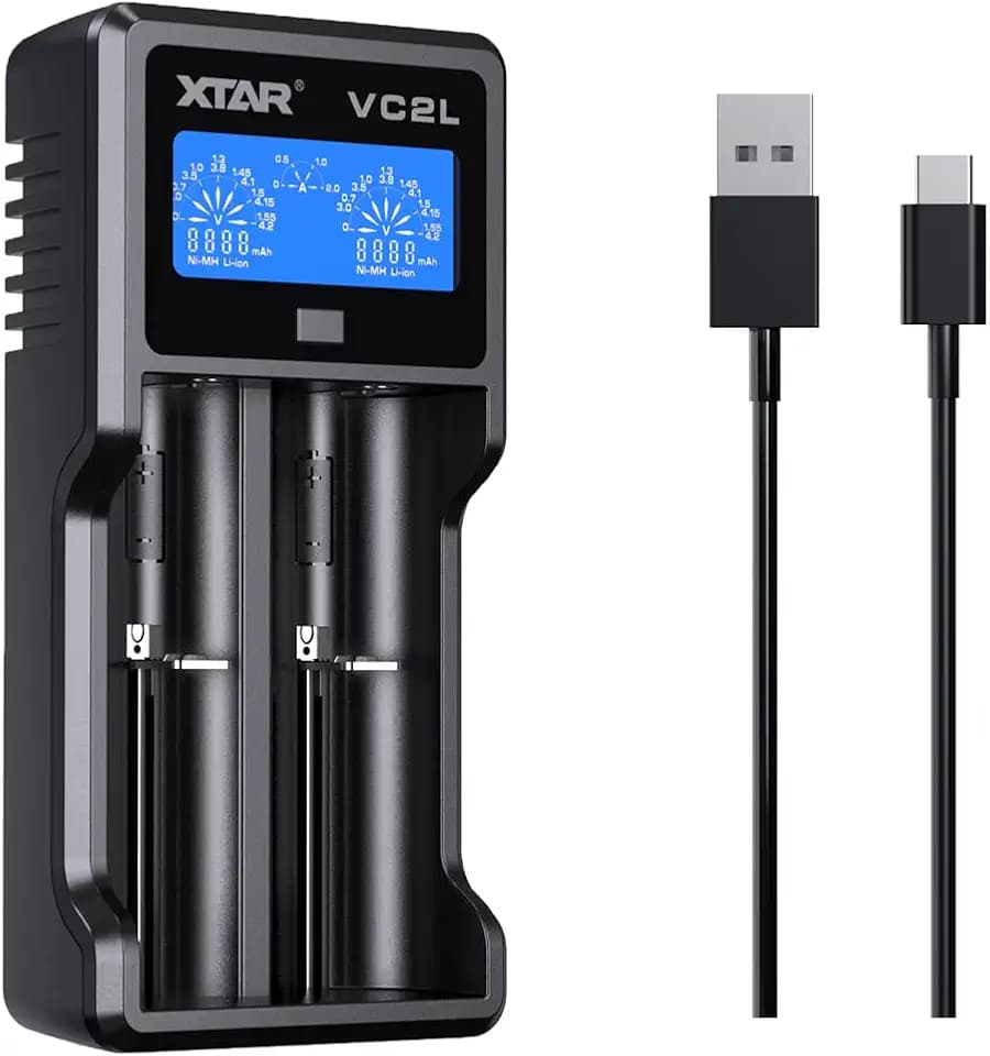 18650-akku-Ladegerät XTAR VC2L, 21700 Intelligentes Ladegerät mit 2 Steckplätzen und LCD-Display USB C Ladegerät for für 3,6V 3,7V Batterie und 1,2V AA AAA Batterie