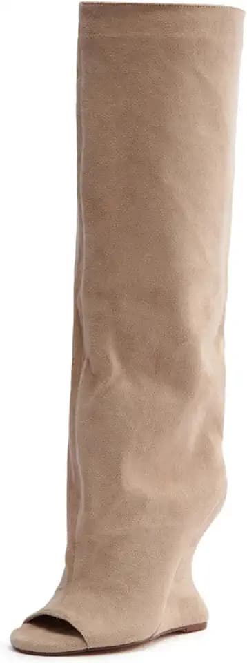 Yishaweiqi Camel Suede Knee High Boots for Women Pull On Peep Toe Wedge Boots Open Toe Summer Boots