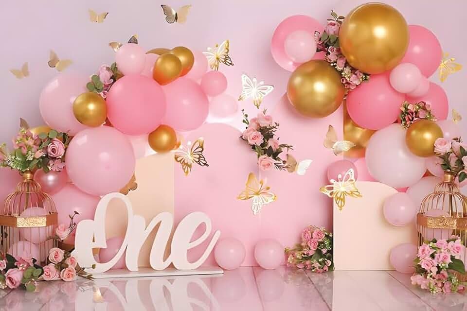 Yeele 7x5ft First Birthday Backdrop for Girl Pink 1st One Year Old First Birthday Party Background for Photography Cake Smash Rose Balloons Butterfly Decor Photo Shoot Booth Studio Props Vinyl