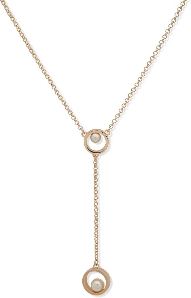 Karl Lagerfeld Paris 16" Gold Tone Circle Link Pearl Line Y Necklace with Lobster Closure